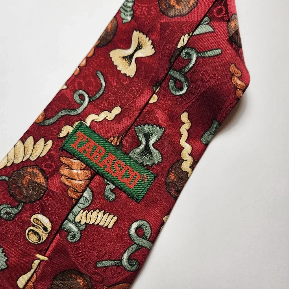 Vintage Tabasco Brand Tie Novelty Pasta Food‎ Print Red Silk Cooking Chef Gift
